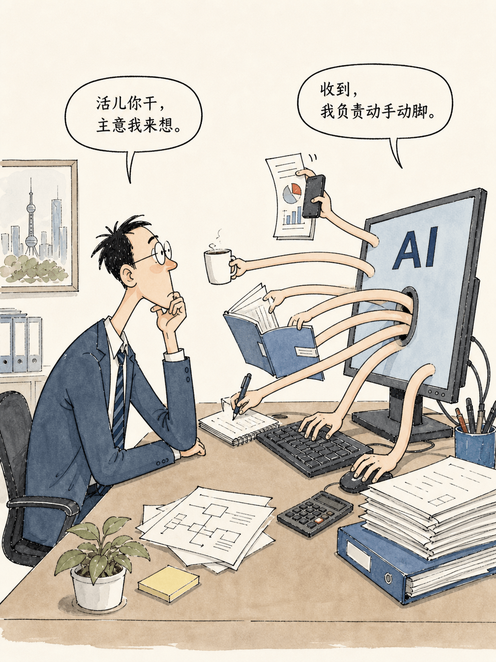 人负责想主意,AI负责执行工作的漫画